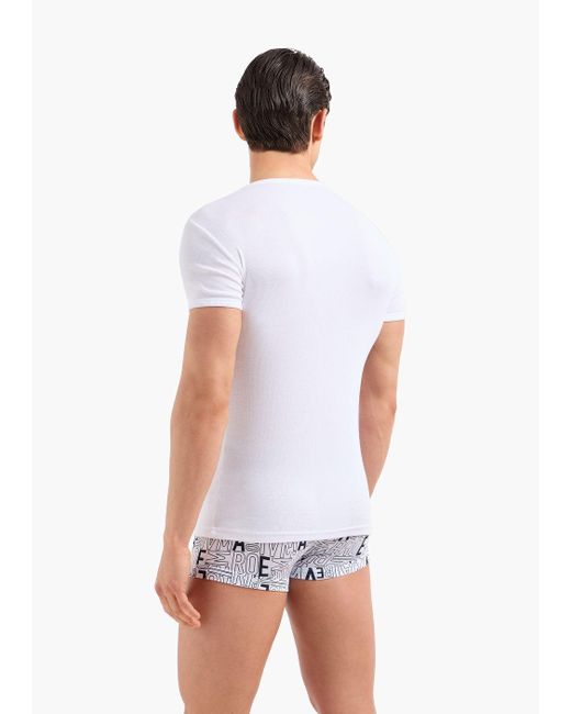 Emporio Armani Loungewear T-shirt In Slim Fit Mit Serafino-kragen Aus Gerippter Baumwolle Mit Mikro-adler-patch in White für Herren
