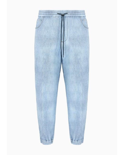 Emporio Armani Blue Denim-effect Printed Jersey Drawstring Trousers With Elasticated Cuffs for men