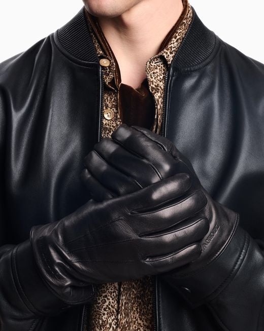 Emporio Armani Black Lambskin Nappa Leather Gloves With Baguette Detail for men
