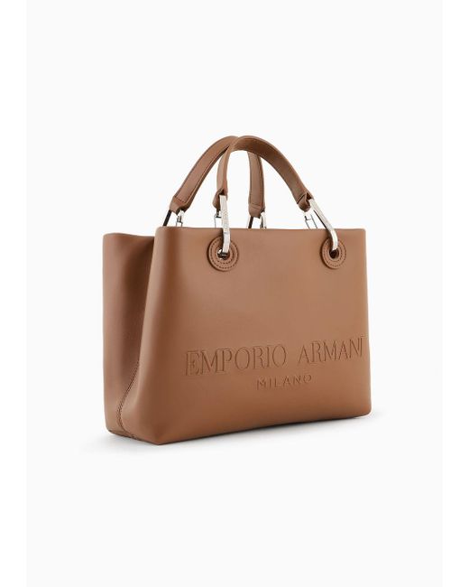 Emporio Armani Brown Small Myea Shopper Bag With Oversized Embossed Logo