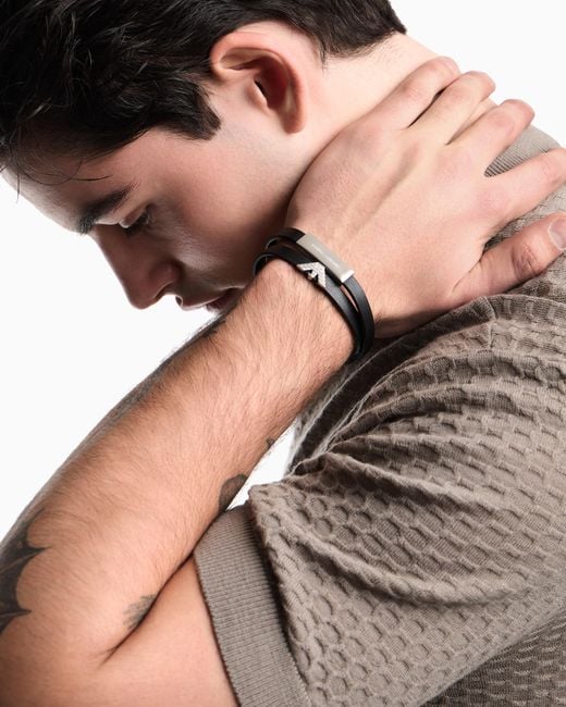 Emporio Armani Black Tone Leather Id Bracelet for men