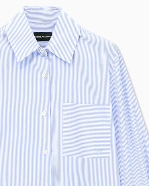 Emporio Armani Blue Striped Cotton Poplin Shirt With A Single Chest Pocket