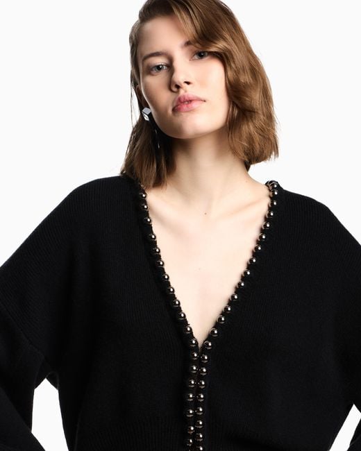 Emporio Armani Black Virgin Wool And Cashmere Cardigan With Oversized Metal Spheres