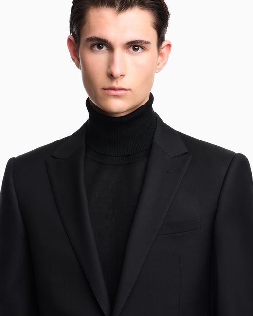 Emporio Armani Blue Plain Worsted Wool Single-Breasted Jacket for men