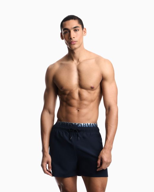 Emporio Armani Blue Swim Shorts With Logo Waistband for men