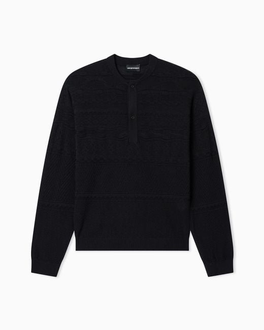 Emporio Armani Black Lyocell-Blend, Henley Neckline Jumper for men