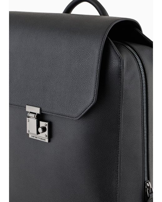 Emporio Armani Black Tumbled-leather Backpack With Flap And Laptop Compartment for men