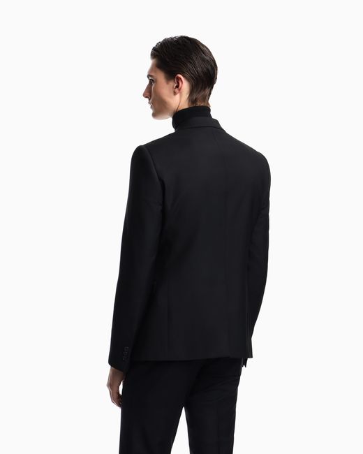 Emporio Armani Blue Plain Worsted Wool Single-Breasted Jacket for men