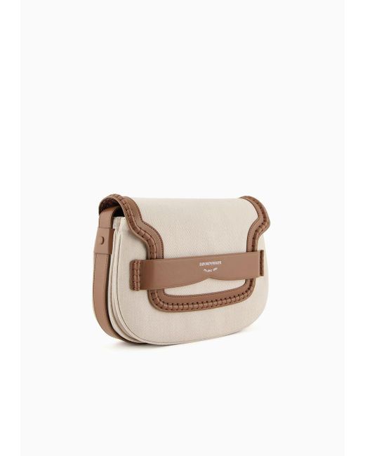 Emporio Armani White Medium Shoulder Bag In A Slubbed Linen Blend With Flap And Logo Gusset