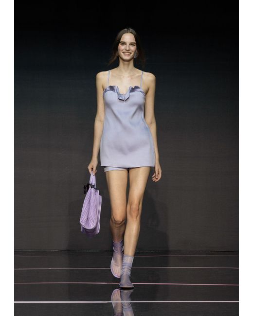 Emporio Armani Purple Technical Duchess Satin Dress With Shoulder Straps And Ruffles At The Neckline