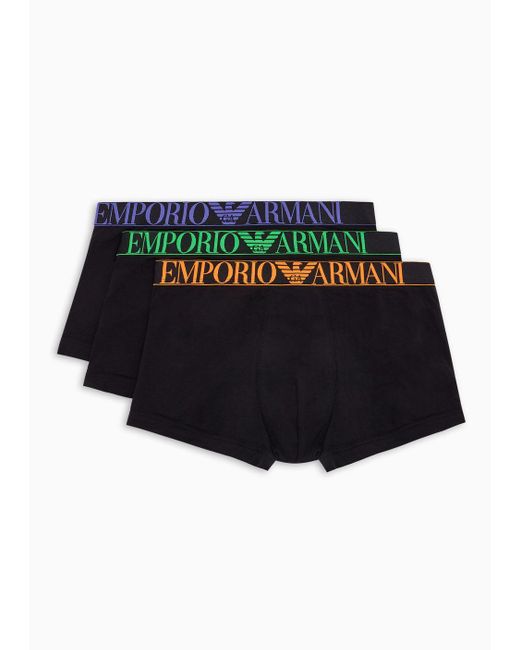 Emporio Armani Black Three-pack Of Asv Shiny Logo Waistband Organic-cotton Boxer Briefs for men