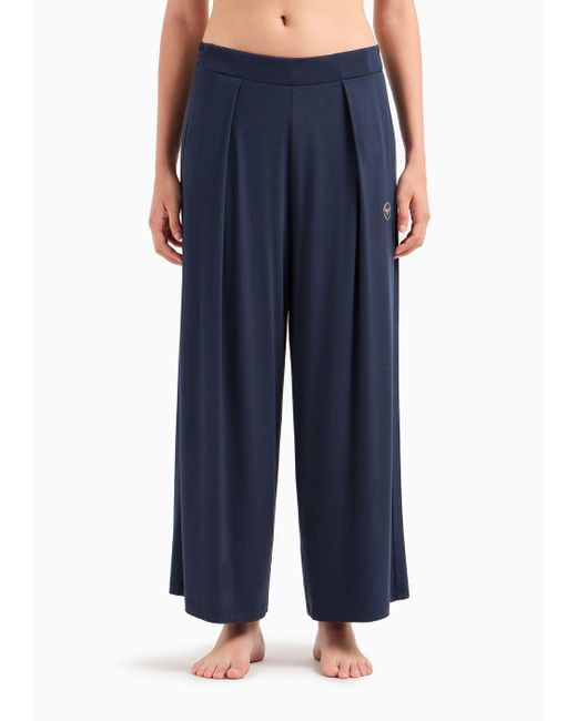 Emporio Armani Blue Loose-fit Loungewear Trousers In Fluid Viscose With Studded Eagle Logo