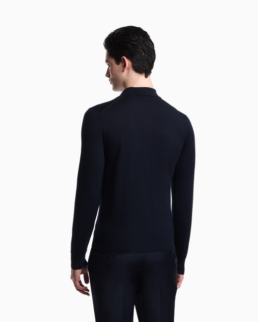 Emporio Armani Blue Pure Virgin-Wool Jumper With Polo-Shirt Collar for men
