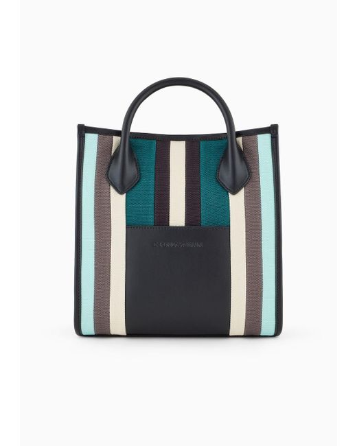 Emporio Armani Blue Mini Shopper Bag In Multicolour Striped Canvas for men