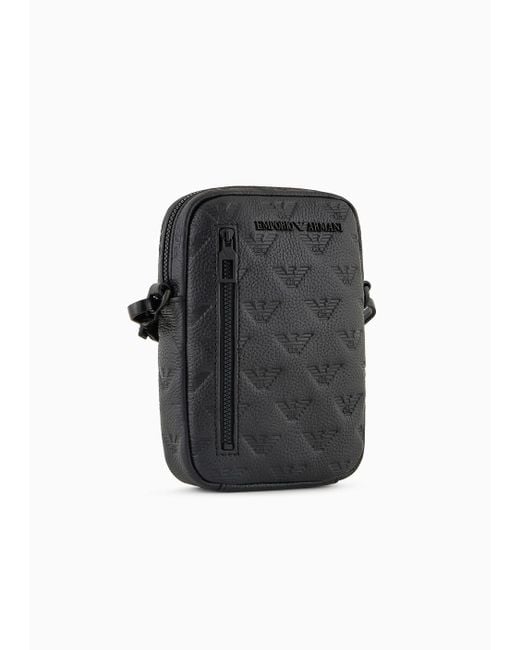 Emporio Armani Black Leather Tech Case With Shoulder Strap With All-over Embossed Eagle for men