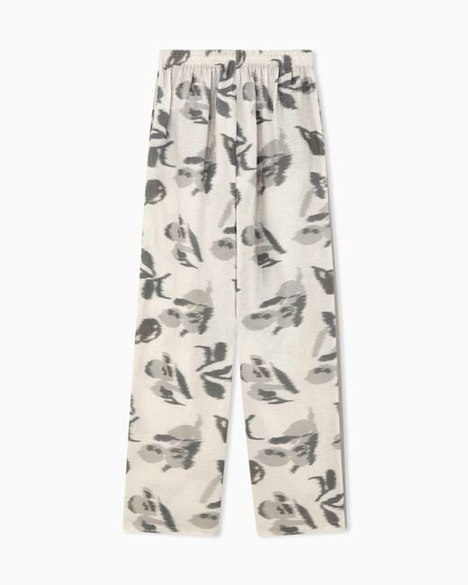 Emporio Armani White Regular Fit Linen Trousers With Chiné Flower Print