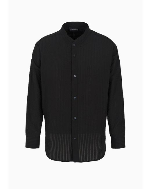 Emporio Armani Black Asv Comfort-fit Guru-collar Shirt In Lyocell-blend, Seersucker-look Fabric for men