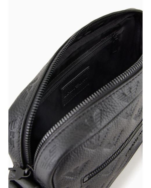 Emporio Armani Black Leather Shoulder Bag With All-over Embossed Eagle for men