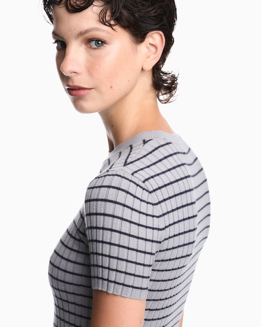 Emporio Armani Gray Crewneck Sweater With Short Sleeves And Striped Rib Motif
