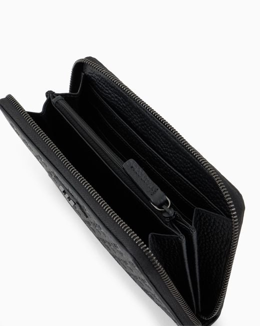 Emporio Armani Black Zip-Around Leather Wallet With All-Over Embossed Eagle for men