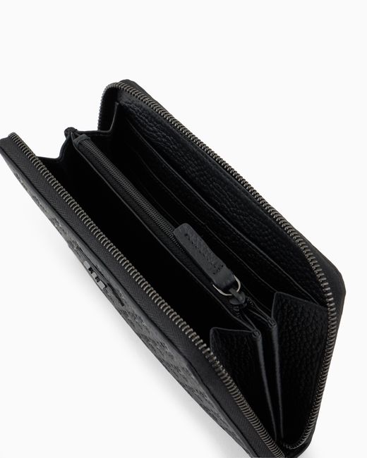 Emporio Armani Black Zip-Around Leather Wallet With All-Over Embossed Eagle for men