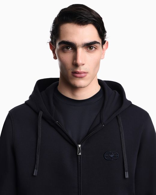 Emporio Armani Blue Double Jersey Zip-Up Hooded Sweatshirt With Ea Logo Embroidery for men