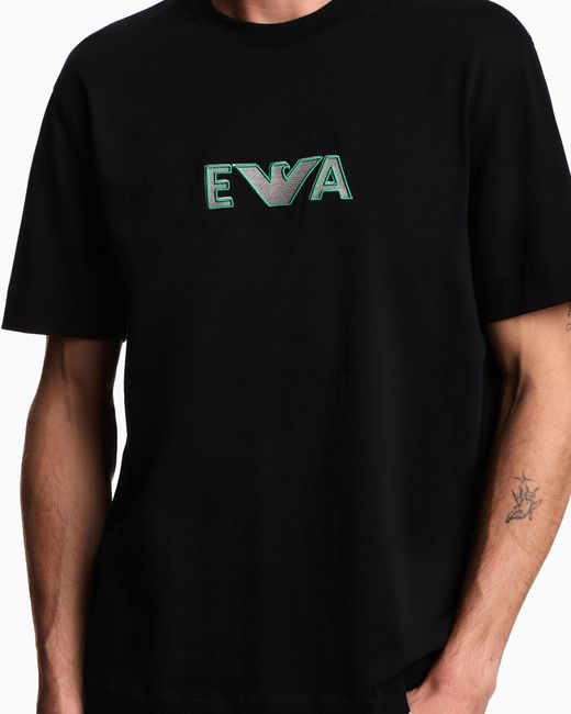 Emporio Armani Black Heavy Jersey T-Shirt With Metal Logo Embroidery for men
