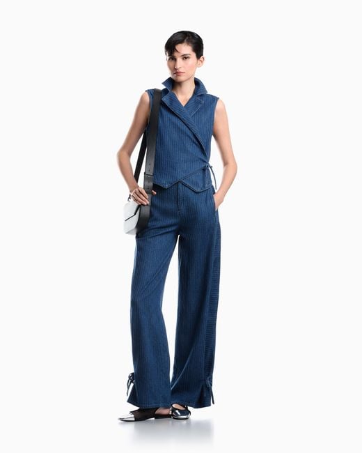 Emporio Armani Blue Pinstriped Denim Wrap Waistcoat With Lapels And A Side Tie