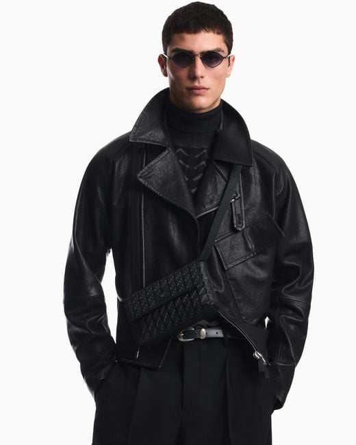 Emporio Armani Black Leather Crossbody Bag With Embossed Geometric Pattern for men