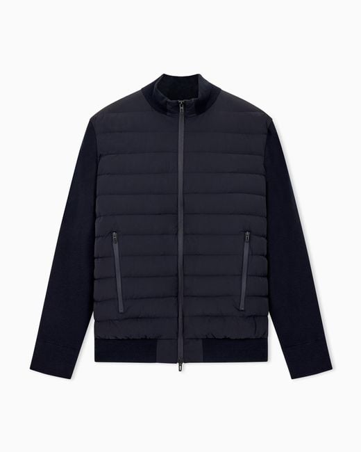Emporio Armani Blue Stretch Nylon Down Jacket With Knit Sleeves Travel Essential for men
