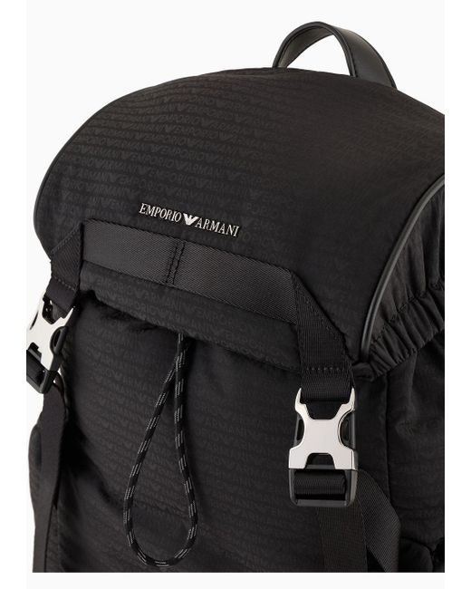 Emporio Armani Black Nylon Backpack With All-over, Jacquard Logo Lettering for men