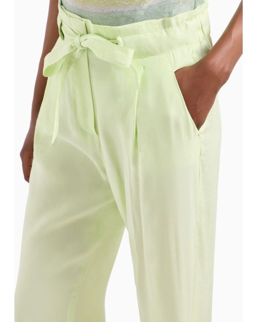 Emporio Armani Green Flowing Drawstring Trousers In Washed Matte Modal