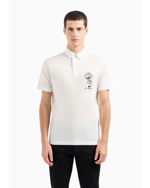 Emporio Armani White Armani Sustainability Values Lyocell-blend Jersey Polo Shirt With Dragon Embroidery for men