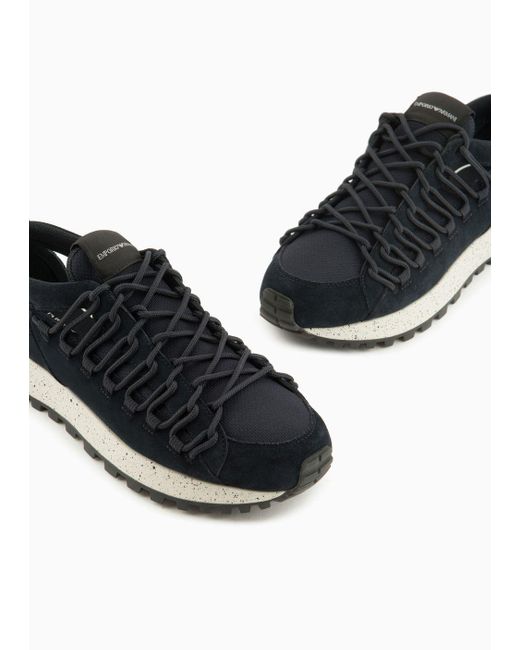 Emporio Armani Black Perforated Suede And Knit Sneakers With Hiking Laces for men