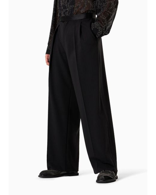 Emporio Armani Black Virgin-wool Two-way Stretch Canvas Trousers With Godet Pleats for men