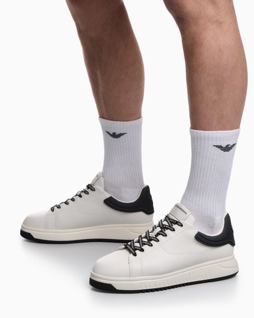 Emporio Armani White Leather Sneakers With Rubber Back Knurled Sole for men