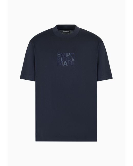 Emporio Armani Blue Asv Lyocell-blend Jersey T-shirt With Embroidery And Lettering Print for men