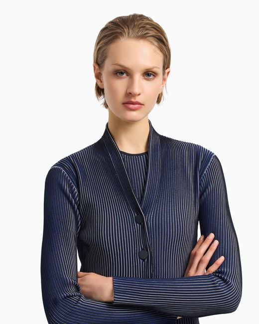 Emporio Armani Blue Cardigan Aus Glatt- Und Linksstrick Mit Vanisé-Effekt
