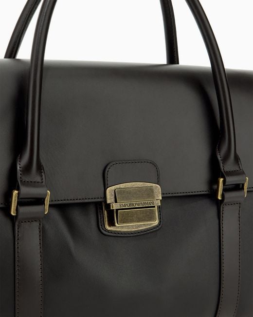 Emporio Armani Black Leather Briefcase With A Flap Closure And A Metal Clasp for men