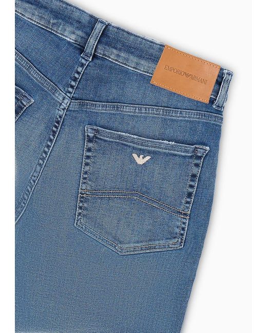 Emporio Armani Blue J36 Mid-rise, Straight-leg Jeans In A Worn-effect Denim With Signature Logo Embroidery