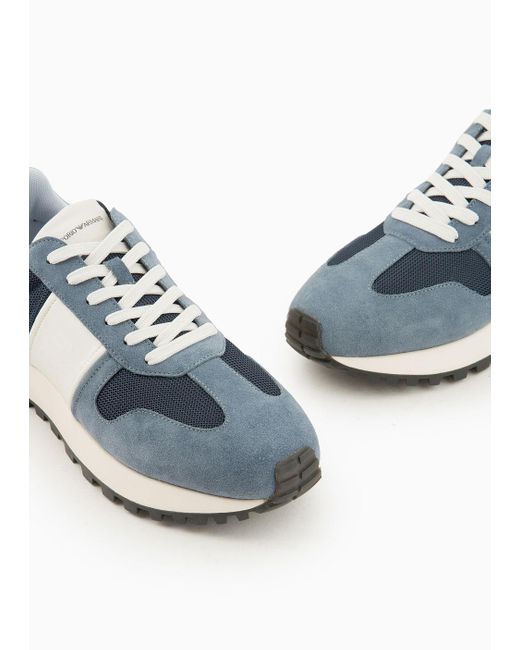 Emporio Armani Blue Mesh Sneakers With Suede Details for men
