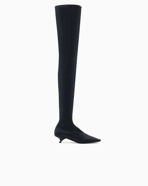 Emporio Armani White Stretch-Satin Thigh-High Boots With A Kitten Heel