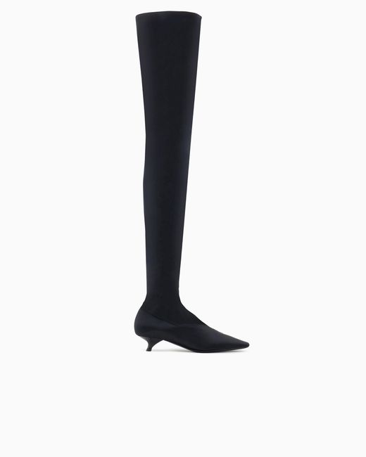 Emporio Armani White Stretch-Satin Thigh-High Boots With A Kitten Heel