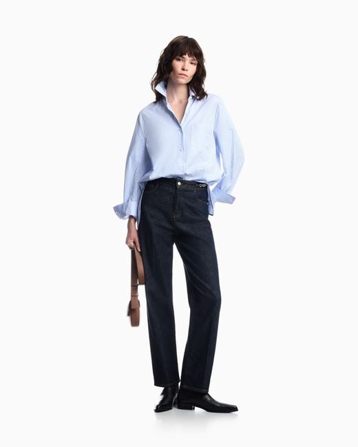 Emporio Armani Blue Striped Cotton Poplin Shirt With A Single Chest Pocket