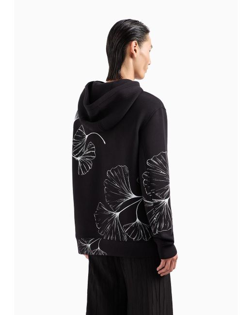 Emporio Armani Black Hooded Sweatshirt In Scuba Fabric With All-over Nature Print for men