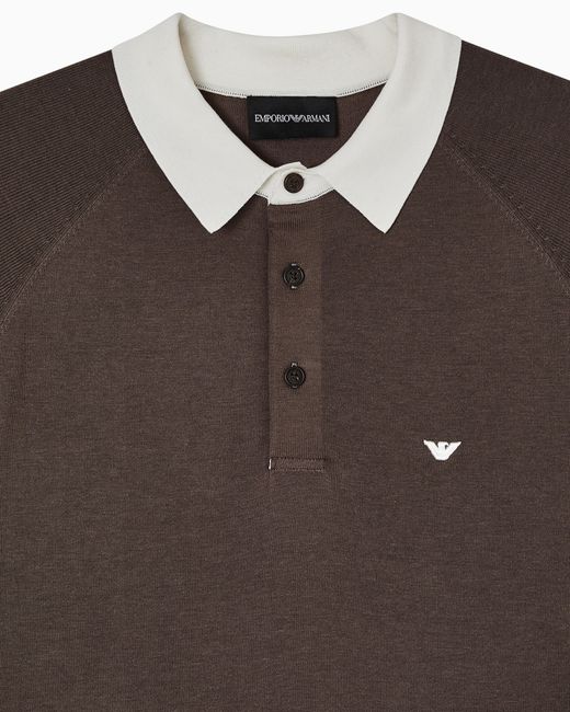Emporio Armani Brown Plain-Knit Lyocell-Blend Jumper With Polo Shirt Collar for men