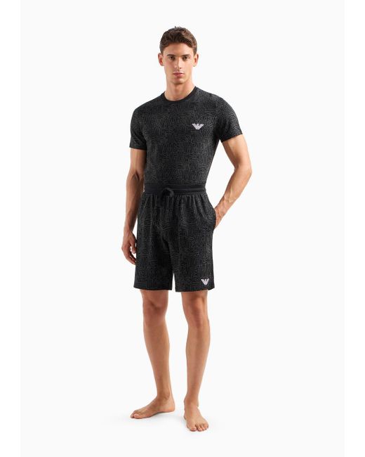 Emporio Armani Black Loungewear Bermuda Shorts With All-over Logo Lettering for men