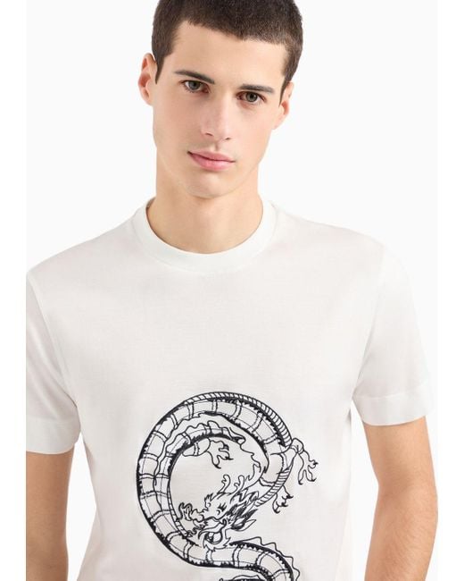 Camiseta De Punto De Mezcla De Lyocell Con Bordado De Dragón Del Armani Sustainability Values Emporio Armani de hombre de color White