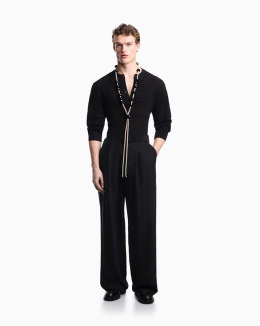 Emporio Armani Black Lyocell-Blend, Henley Neckline Jumper for men