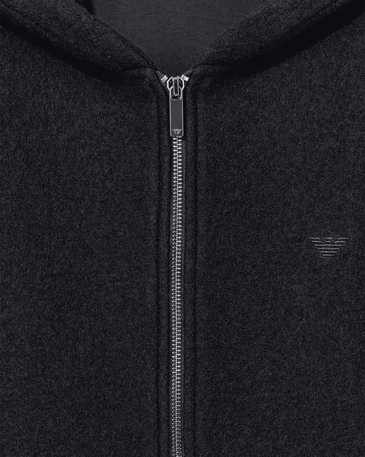 Emporio Armani Black Hooded Boiled Wool Jacket With Zipper Signature Capsule for men